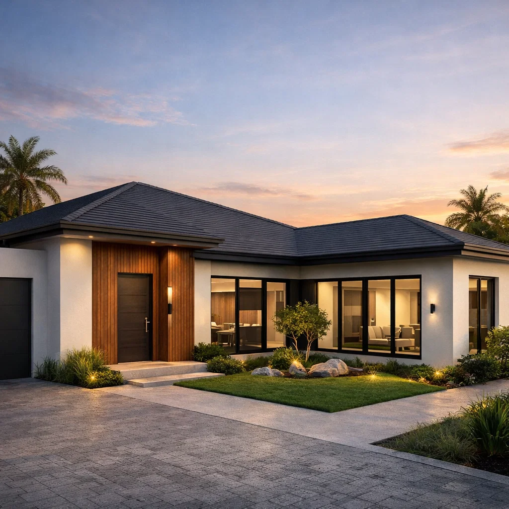 Tampilan fasad rumah bentuk leter L tiga kamar dengan komposisi proporsional dan taman sudut dalam yang membuat rumah terlihat lega dan terencana dengan baik