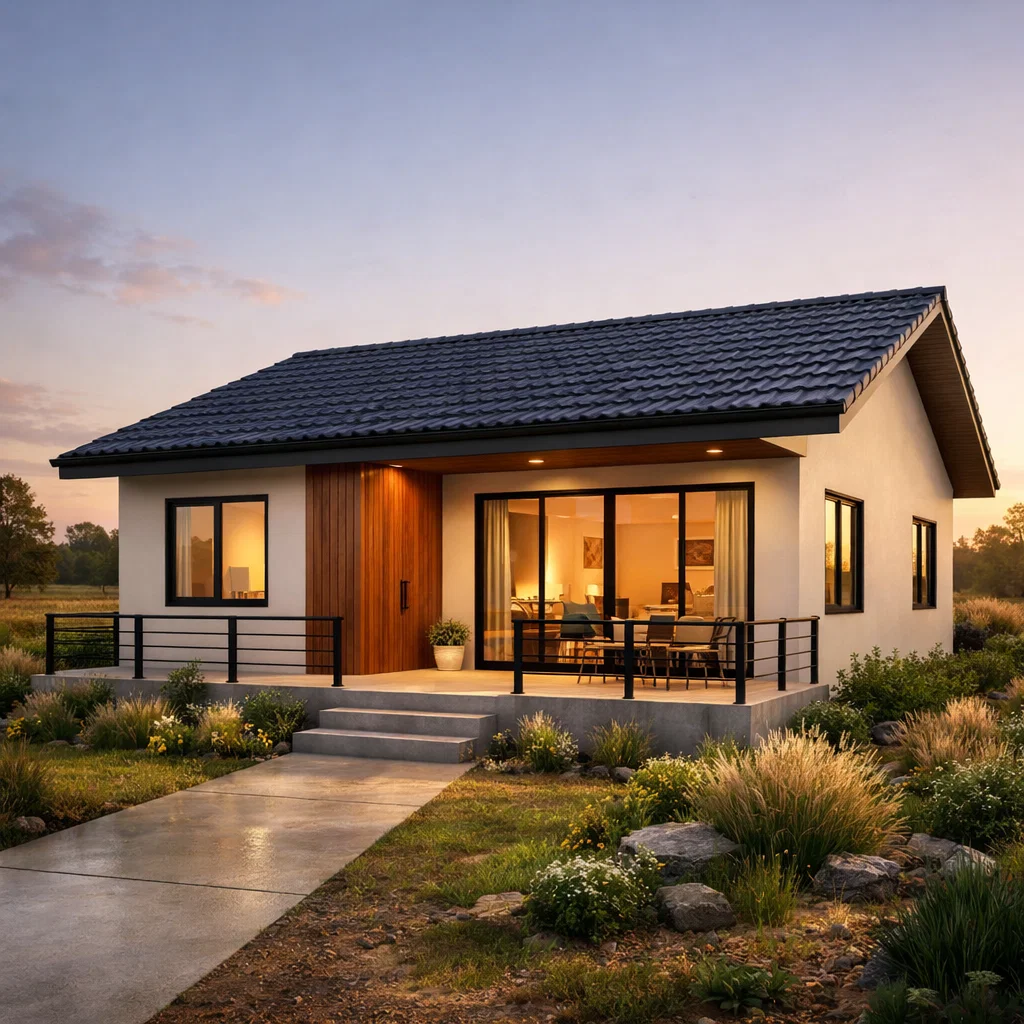 Tampilan fasad rumah dua kamar di kampung dengan teras lebar dan komposisi sederhana yang terlihat hangat serta proporsional dari sudut pandang estetik