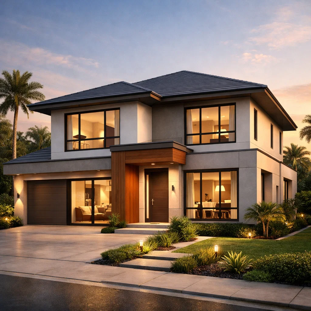 Tampilan fasad rumah dua lantai dengan empat kamar dan komposisi proporsional yang elegan serta modern dari sudut pandang perspektif estetik