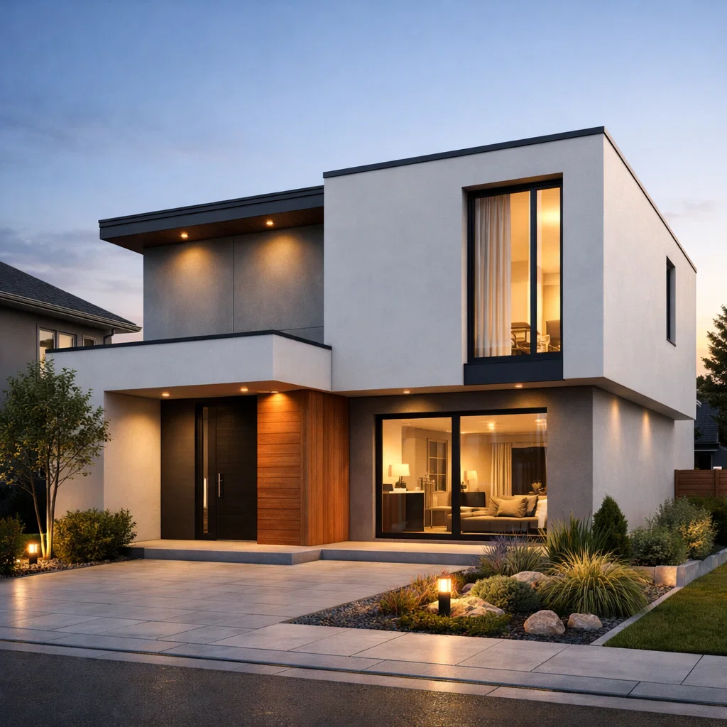 Tampilan fasad rumah dua lantai minimalis dengan komposisi geometris bersih dan aksen kayu yang memberi kesan modern serta elegan