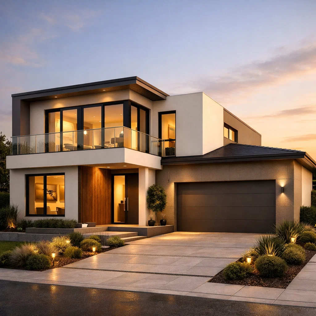 Tampilan fasad rumah dua lantai minimalis modern elegan dengan komposisi volume bersih dan pencahayaan senja yang hangat serta proporsional.