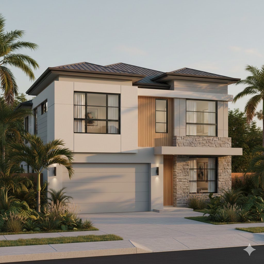 Tampilan fasad rumah dua lantai modern dengan komposisi proporsional dan pencahayaan hangat yang memberikan kesan elegan dan matang dari sudut pandang perspektif estetik