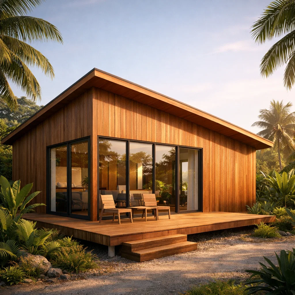 Tampilan fasad rumah kayu minimalis dengan garis sederhana dan nuansa hangat yang menyatu dengan lingkungan alami