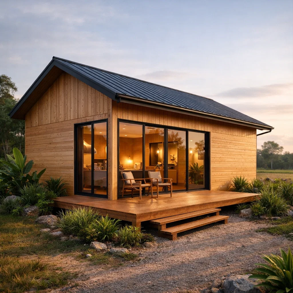 Tampilan fasad rumah kayu sederhana dengan nuansa hangat alami dan komposisi modern yang tetap terasa ringan serta menyatu dengan lingkungan sekitar