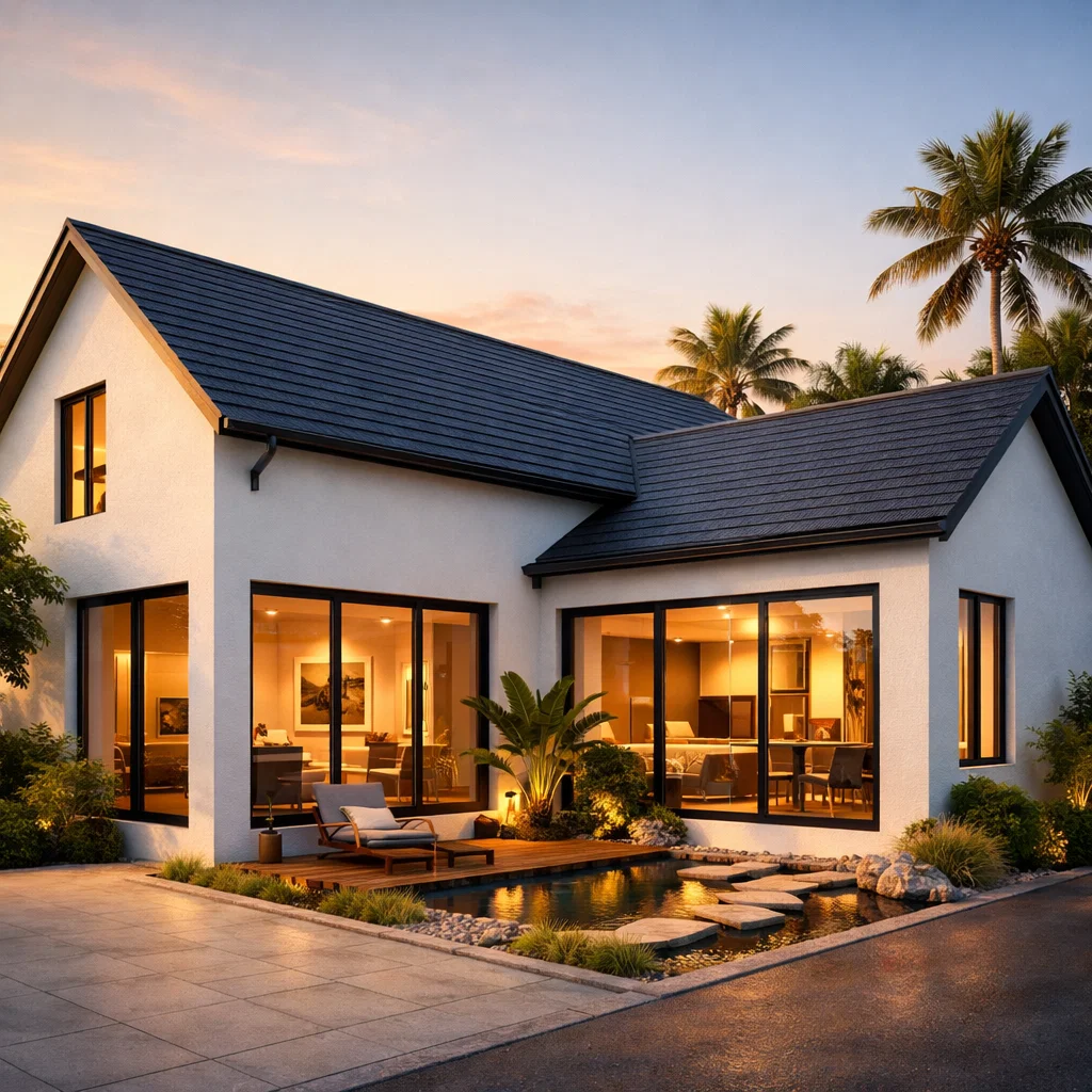 Tampilan fasad rumah leter L dengan taman sudut privat dan komposisi bangunan yang seimbang serta modern terlihat dari sudut perspektif estetik