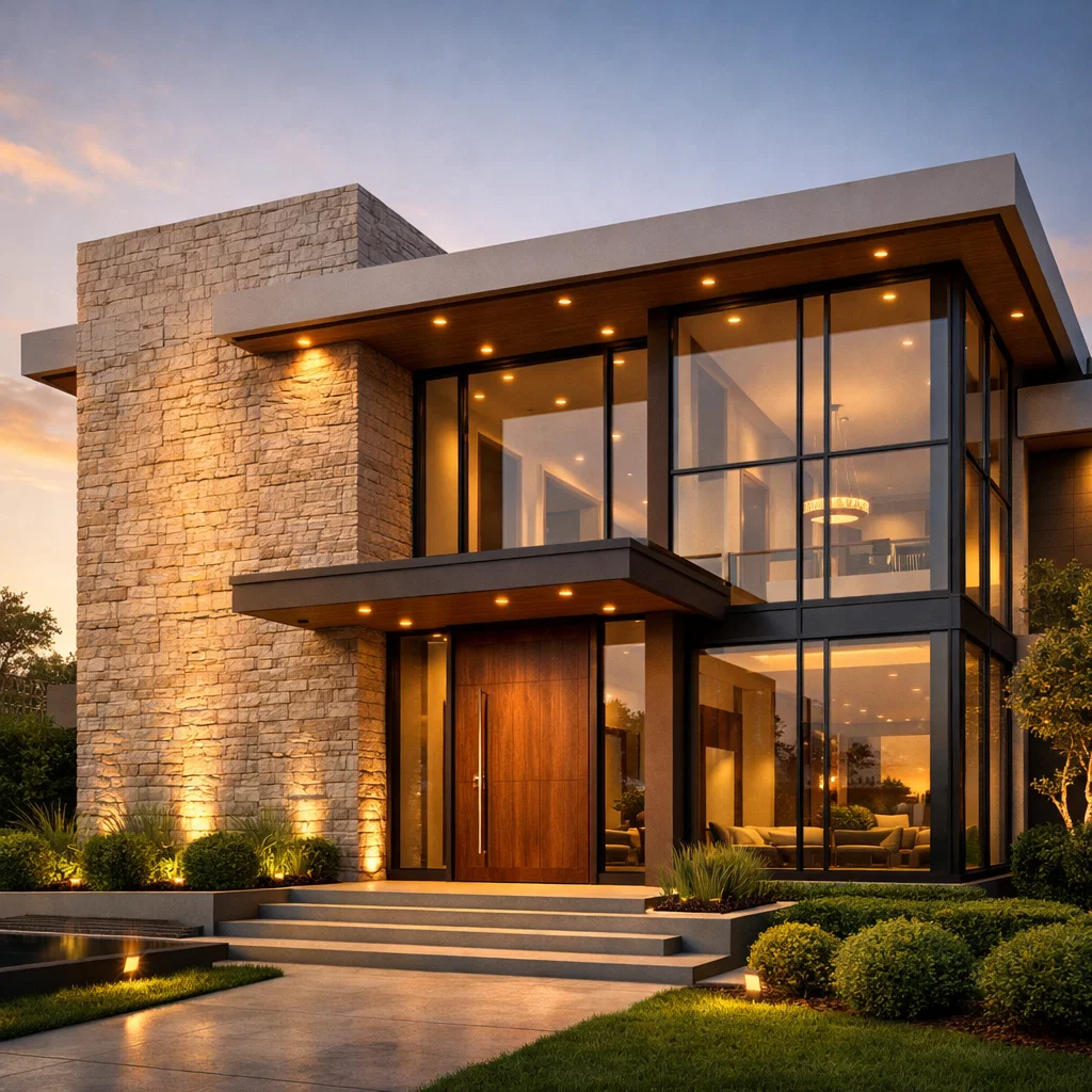 Tampilan fasad rumah mewah dengan komposisi proporsional, aksen batu alam elegan, dan pencahayaan hangat yang menonjolkan karakter arsitektur berkelas.