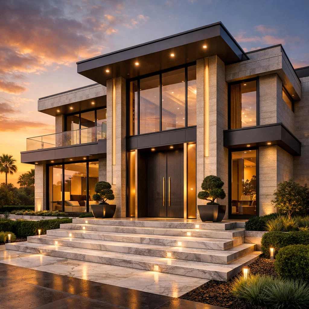 Tampilan fasad rumah mewah modern dengan kombinasi batu alam, kaca besar, dan pencahayaan hangat yang memberi kesan elegan serta eksklusif dari sudut pandang estetik