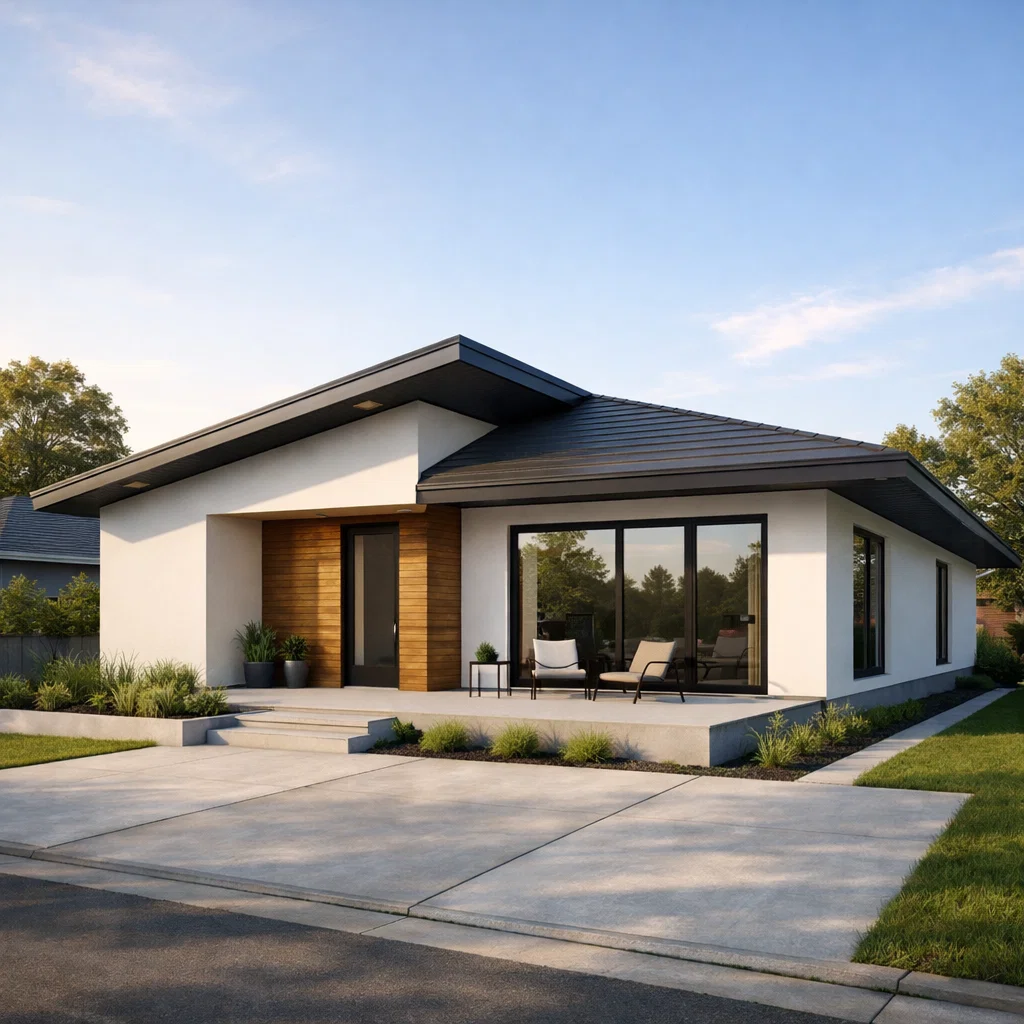 Tampilan fasad rumah minimalis 1 lantai dengan komposisi sederhana, atap miring elegan, dan pencahayaan hangat yang menciptakan kesan bersih serta modern