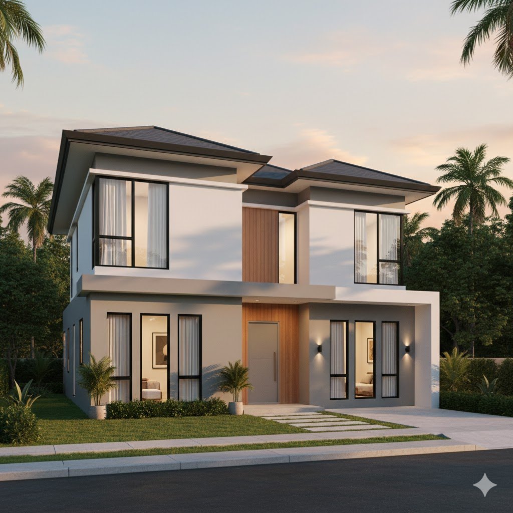 Tampilan fasad rumah minimalis 2 lantai dengan komposisi bersih dan modern dari sudut pandang perspektif estetik yang proporsional dan elegan