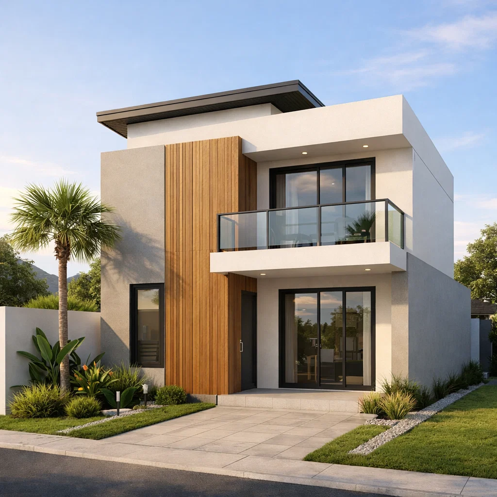 Tampilan fasad rumah minimalis 2 lantai ukuran 6x12 dengan komposisi proporsional, balkon kecil modern, dan aksen kayu yang memberi kesan elegan serta terencana dengan baik