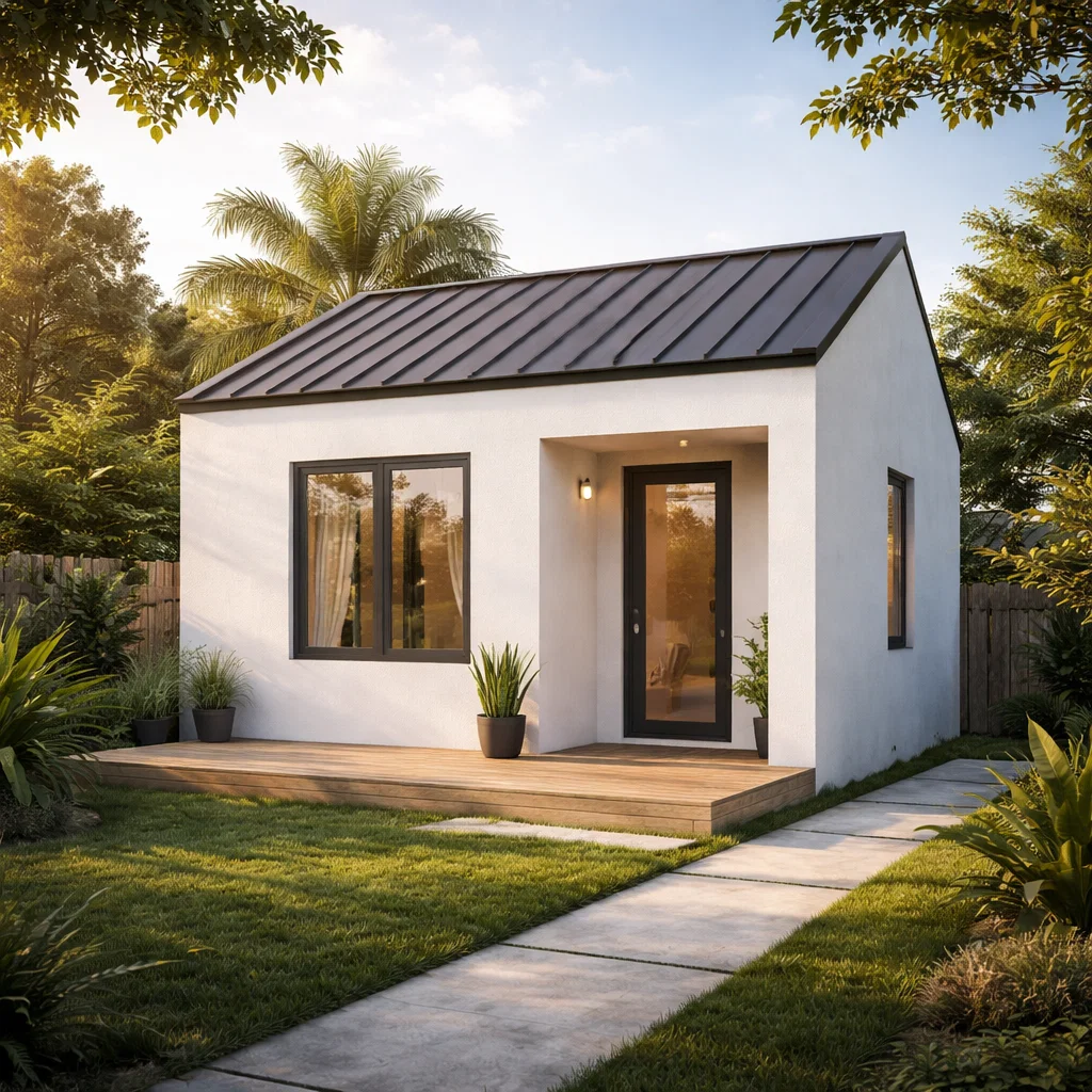 Tampilan fasad rumah minimalis 4x6 dengan bentuk sederhana dan proporsional yang terlihat rapi serta efisien sesuai konsep hunian kompak