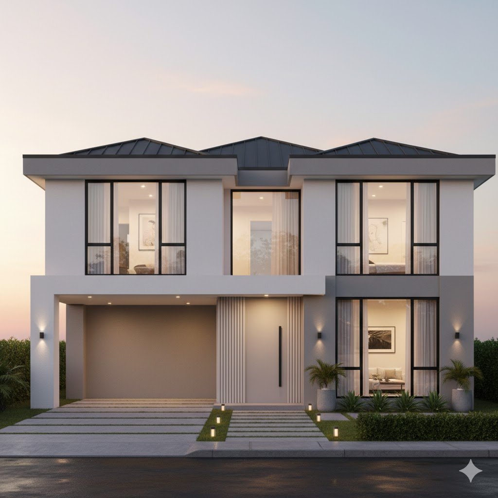 Tampilan fasad rumah minimalis modern dengan komposisi bersih, aksen kayu hangat, dan pencahayaan senja yang elegan serta proporsional.