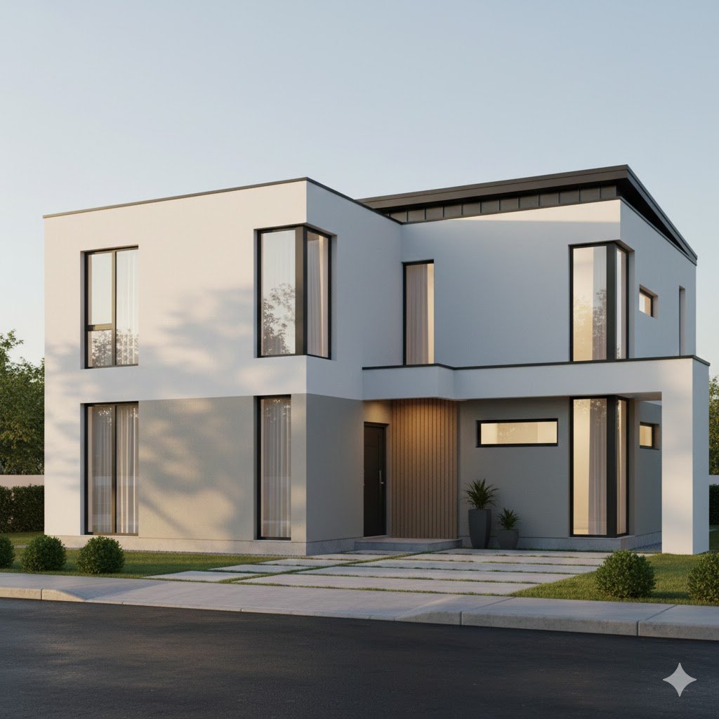 Tampilan fasad rumah minimalis modern dengan komposisi bersih, proporsional, dan pencahayaan hangat yang memberi kesan elegan serta terencana dengan baik