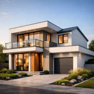 Tampilan fasad rumah minimalis modern dua lantai dengan komposisi geometris bersih dan bukaan kaca lebar yang terlihat elegan serta proporsional