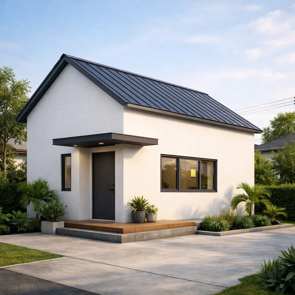 Tampilan fasad rumah minimalis sederhana dengan bentuk kotak bersih dan atap miring yang efisien sesuai konsep budget 70 juta