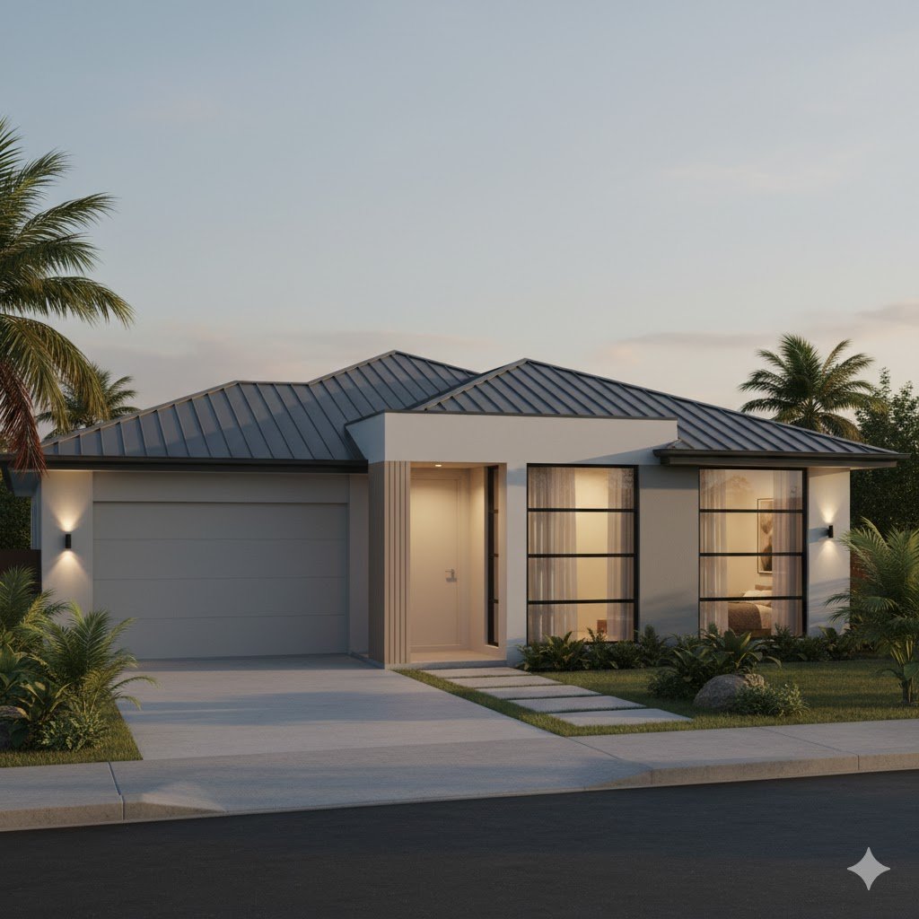 Tampilan fasad rumah minimalis tiga kamar dengan komposisi proporsional dan nuansa modern yang bersih serta elegan dari sudut perspektif estetik