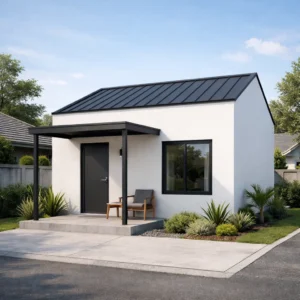 Tampilan fasad rumah minimalis ukuran 4x6 dengan bentuk sederhana dan proporsional sesuai konsep dua kamar compact