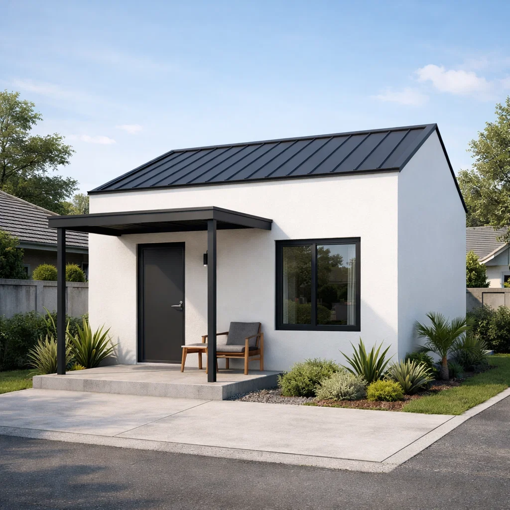 Tampilan fasad rumah minimalis ukuran 4x6 dengan bentuk sederhana dan proporsional sesuai konsep dua kamar compact