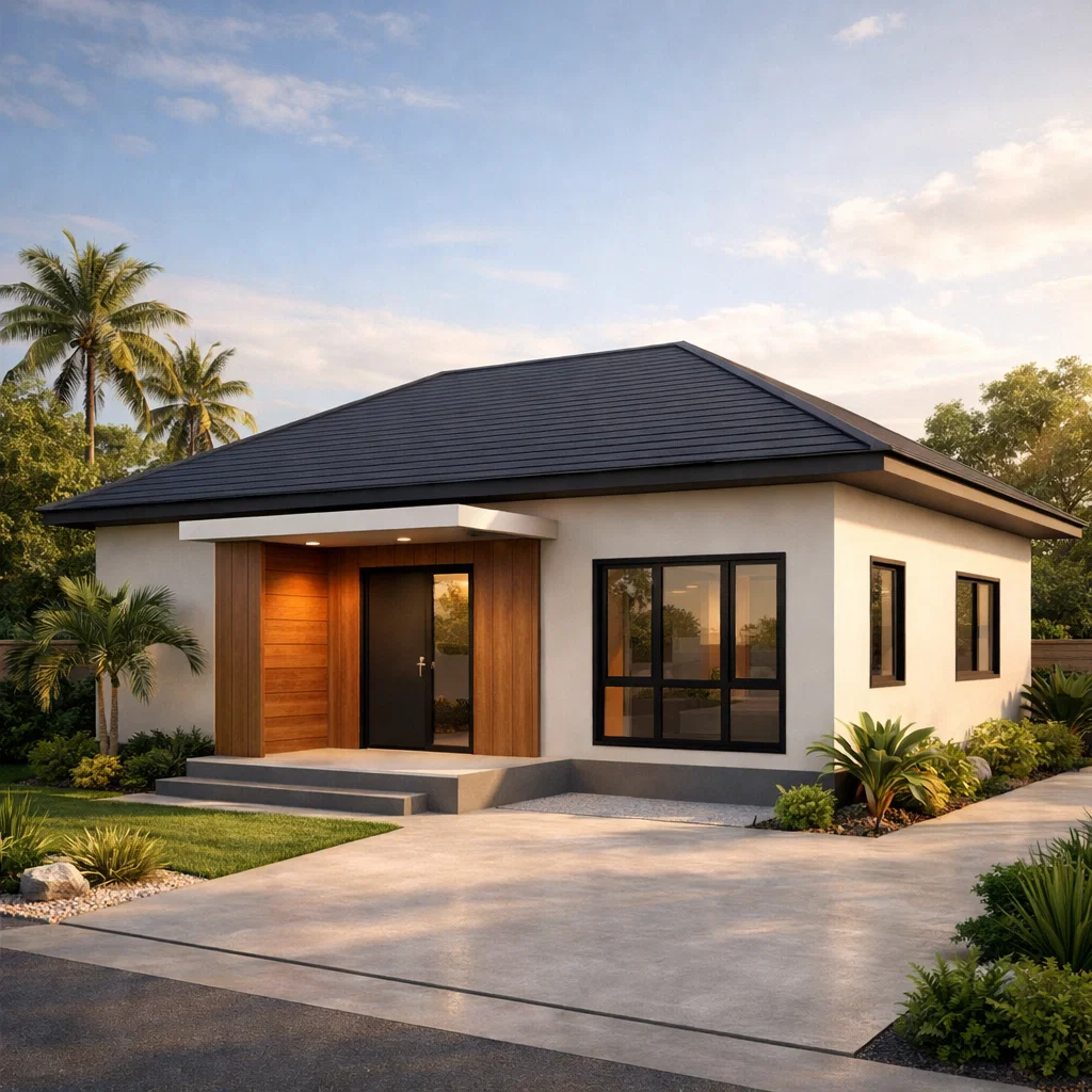 Tampilan fasad rumah minimalis ukuran 6x9 tiga kamar dengan komposisi sederhana dan proporsional yang terlihat rapi serta modern dari sudut pandang estetik