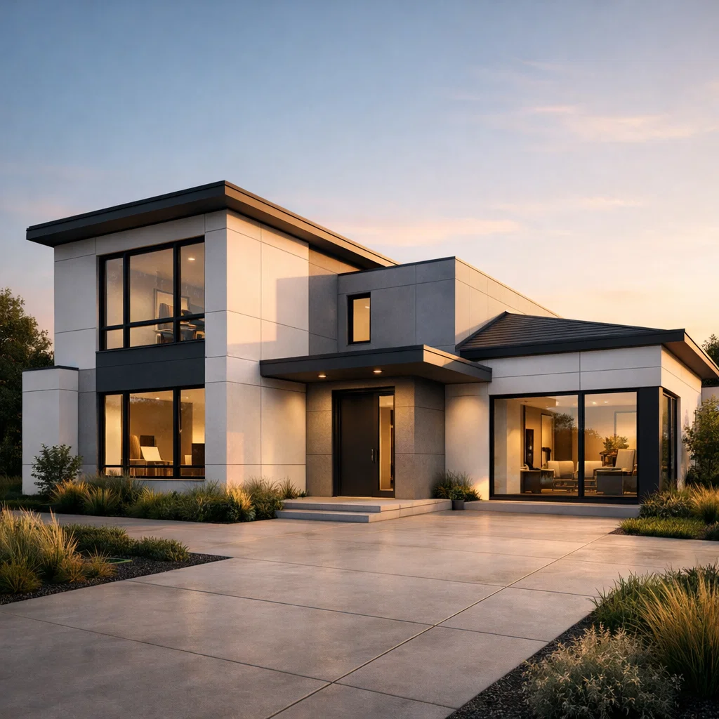 Tampilan fasad rumah modern minimalis dengan garis tegas, komposisi proporsional, dan kesan bersih yang elegan dari sudut pandang perspektif estetik