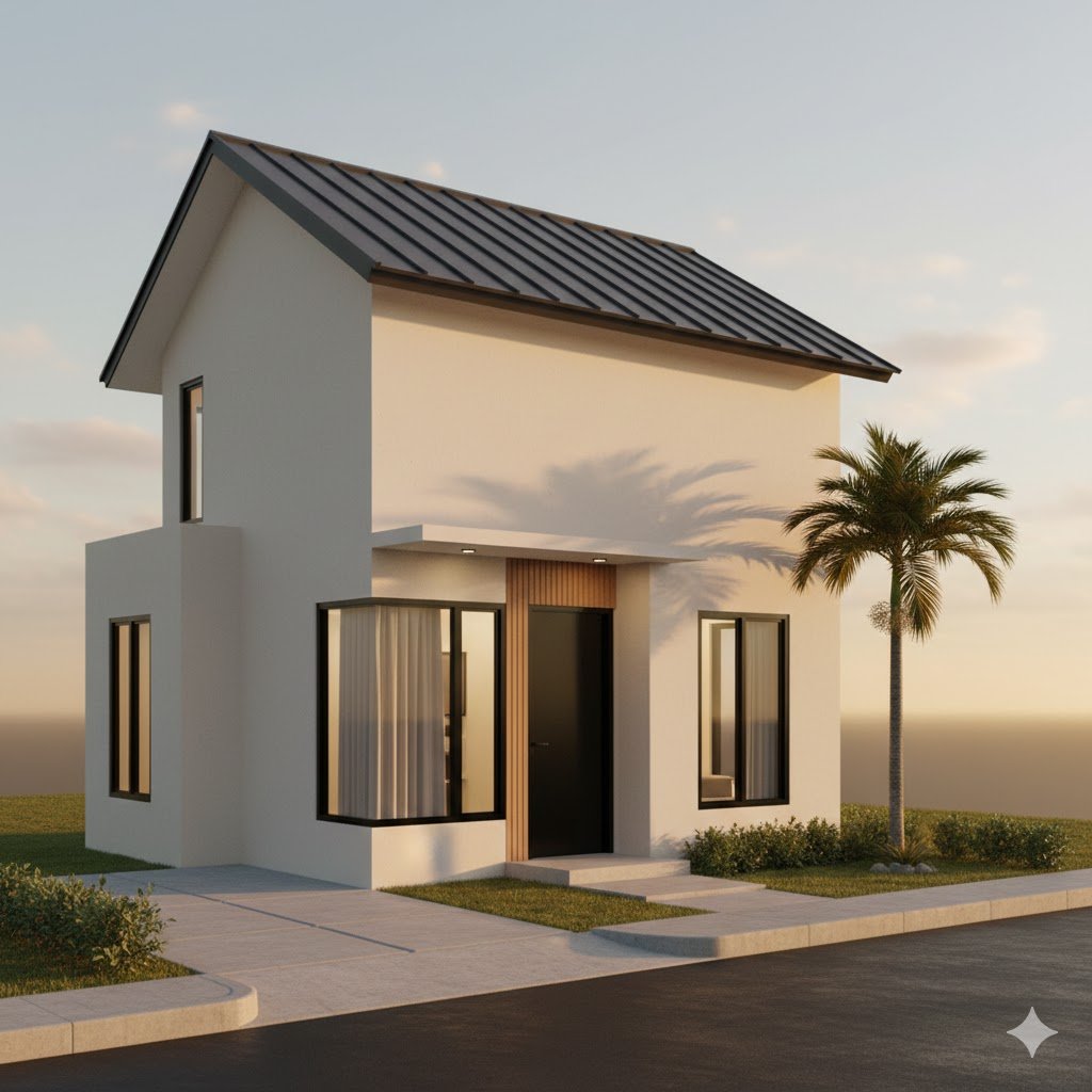 Tampilan fasad rumah modern ukuran 5x7 dengan komposisi proporsional dan desain yang rapi serta terasa hangat dari sudut pandang estetik.