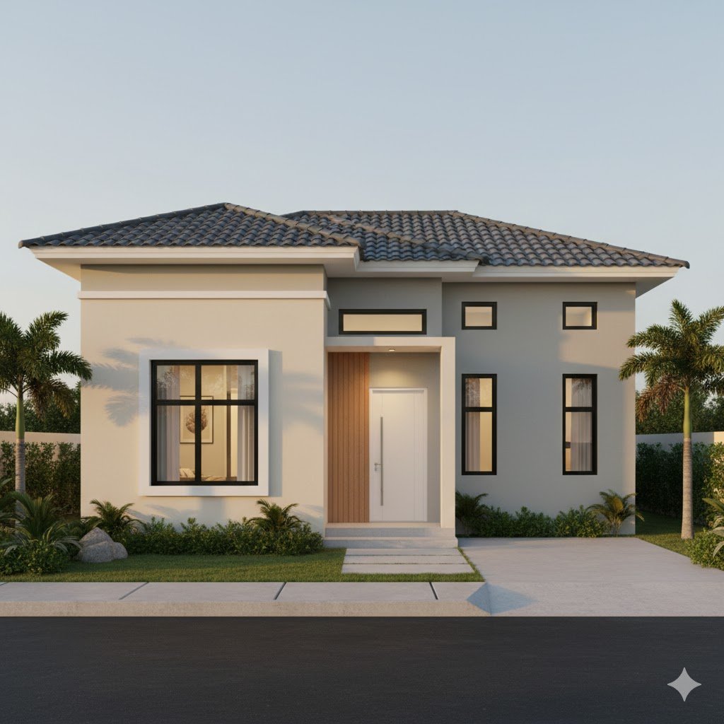 Tampilan fasad rumah modern ukuran 6x12 dengan proporsi memanjang yang terlihat elegan dan rapi dari sudut pandang perspektif estetik