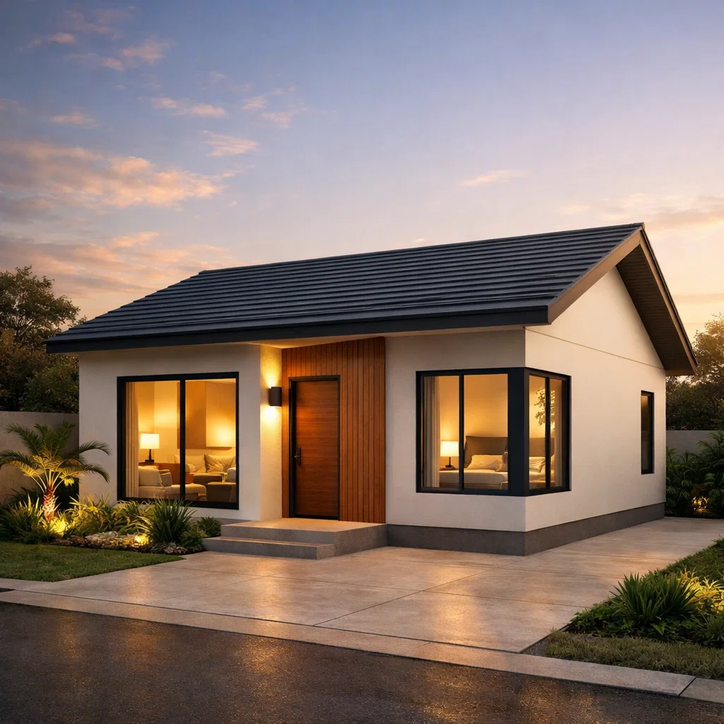 Tampilan fasad rumah modern ukuran 6x8 dua kamar dengan komposisi proporsional dan nuansa hangat yang terlihat rapi serta efisien dari sudut pandang estetik