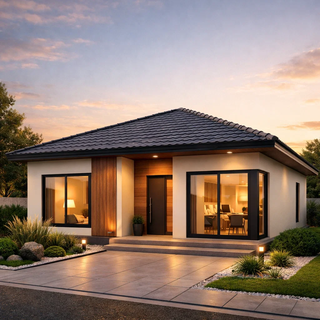 Tampilan fasad rumah modern ukuran 7x12 dengan komposisi proporsional, atap miring elegan, dan pencahayaan hangat yang menonjolkan karakter hunian keluarga yang rapi dan terencana