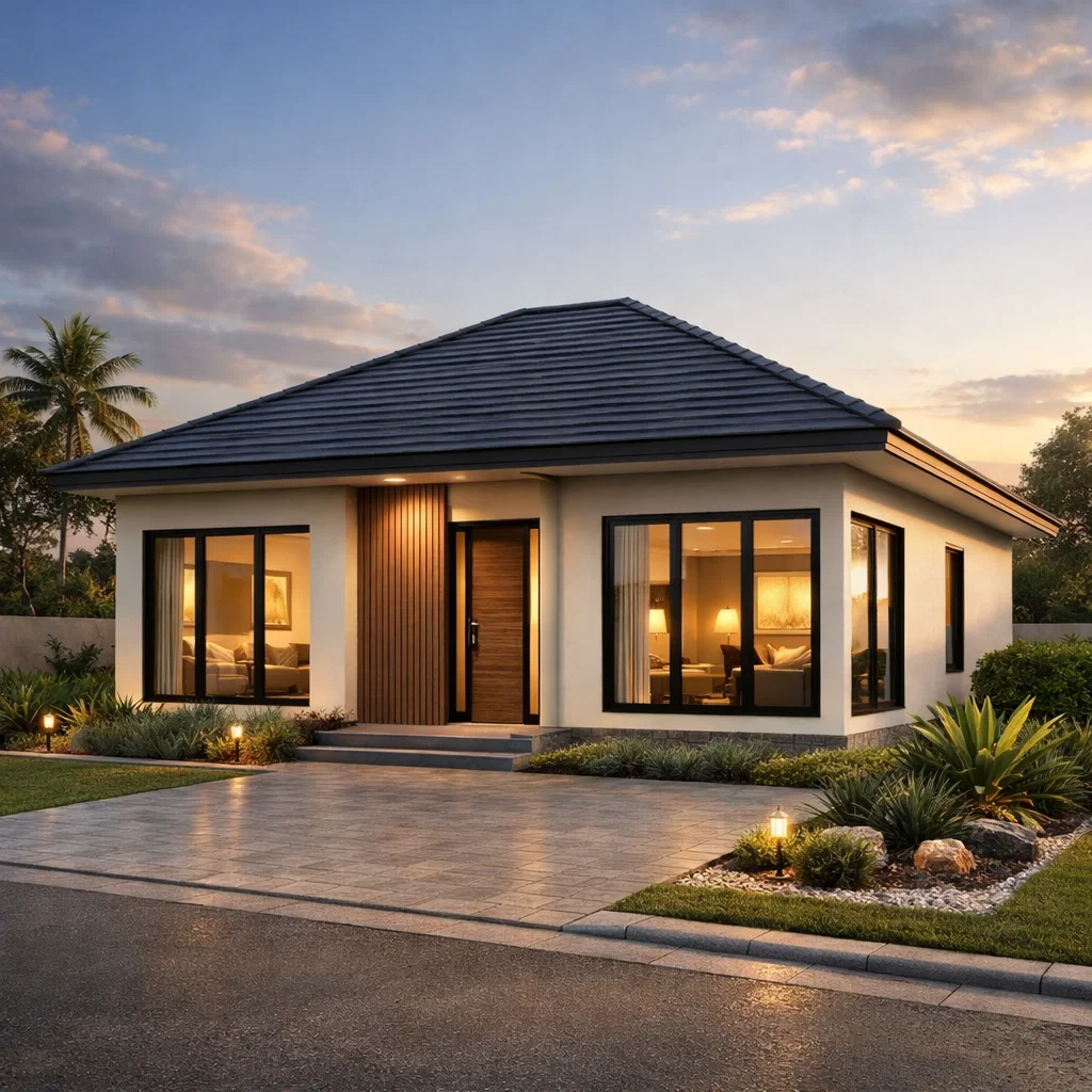 Tampilan fasad rumah modern ukuran 9x10 tiga kamar tidur dengan komposisi proporsional dan pencahayaan hangat yang memberi kesan hunian keluarga yang nyaman dan terencana dengan baik