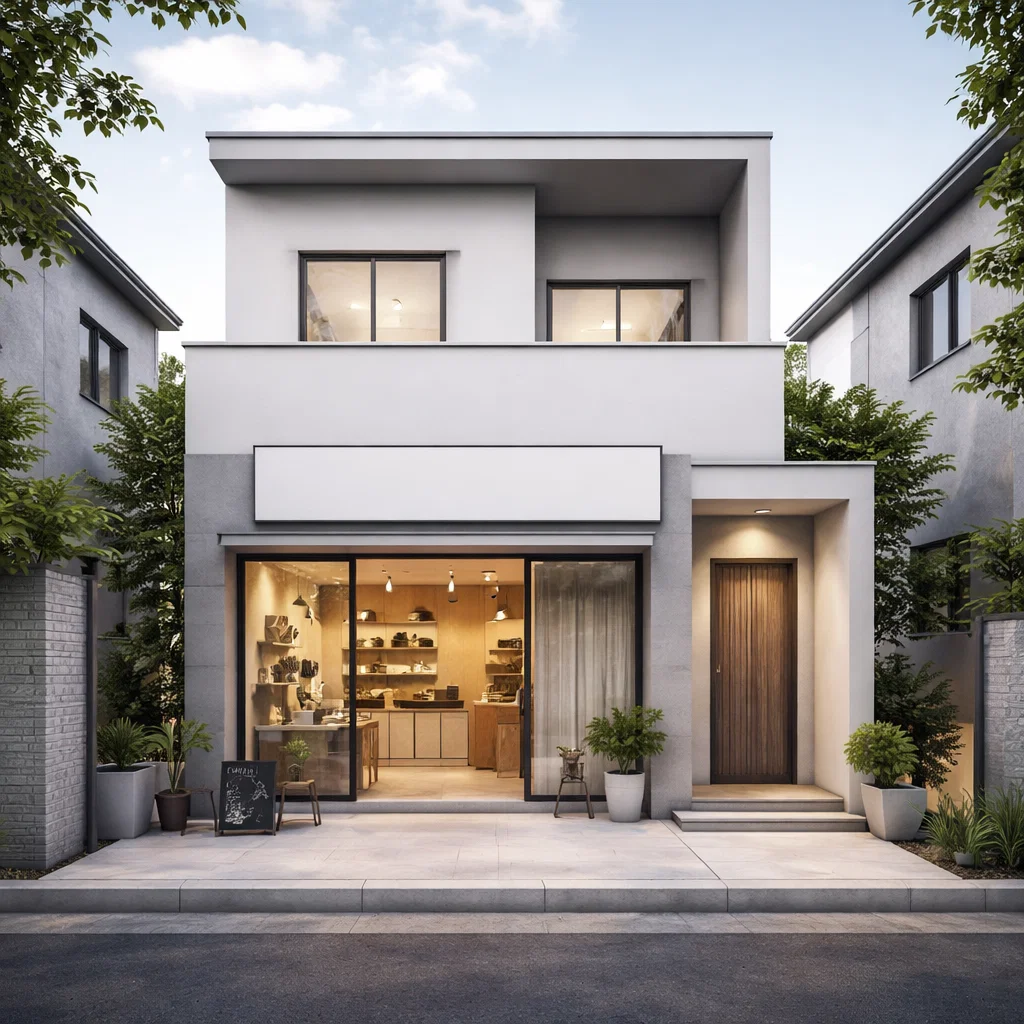 Tampilan fasad rumah plus toko minimalis dengan area usaha di bagian depan dan hunian di belakang dalam komposisi modern yang rapi dan profesional