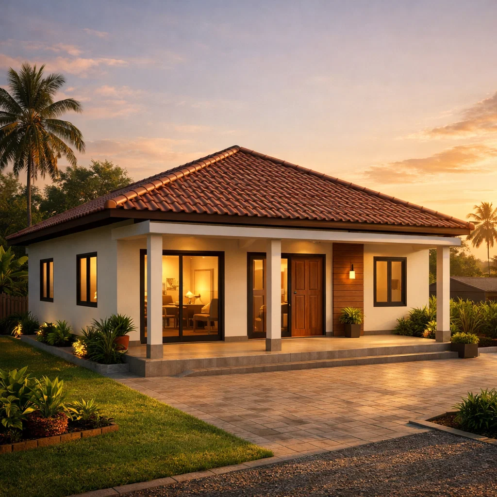 Tampilan fasad rumah sederhana ukuran 7x12 tiga kamar di kampung dengan teras lebar dan suasana hangat alami dari sudut pandang estetik.