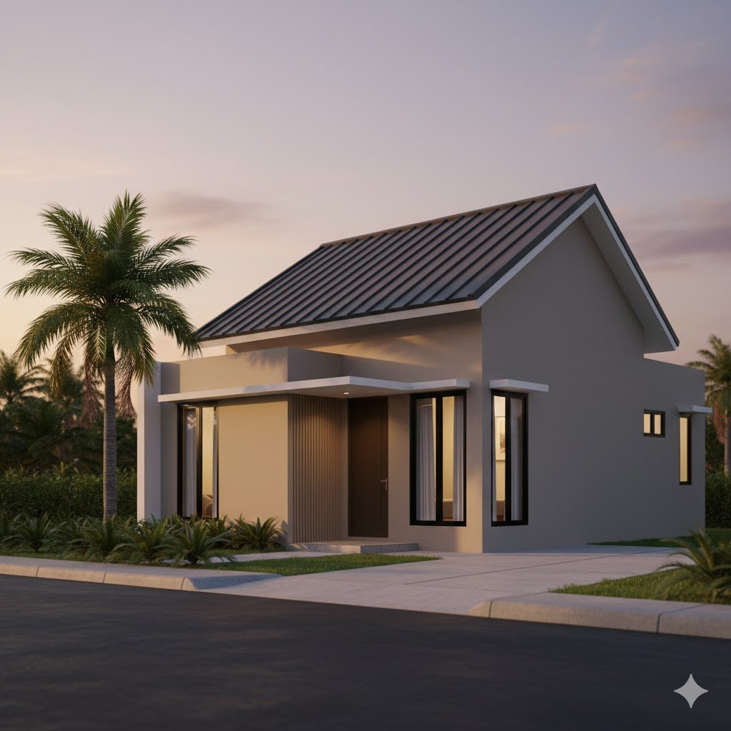 Tampilan fasad rumah ukuran 6x7 meter dengan komposisi modern yang rapi dan proporsional, terlihat estetik dari sudut perspektif depan.