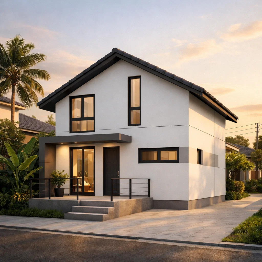 Tampilan fasad rumah ukuran 6x9 dengan komposisi minimalis modern yang proporsional dan terlihat rapi dari sudut pandang perspektif estetik