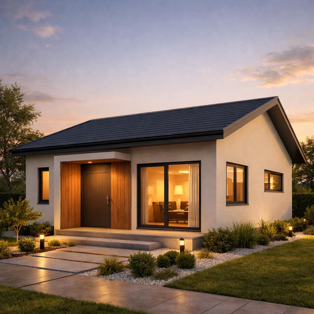 Tampilan fasad rumah ukuran 6x9 dua kamar dengan komposisi proporsional dan gaya minimalis modern yang rapi dan hangat