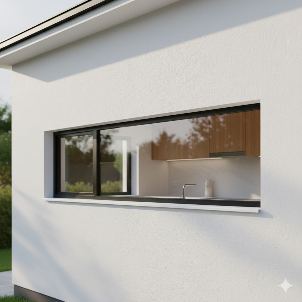 Tampilan jendela dapur minimalis horizontal dengan frame hitam ramping yang memberi cahaya alami maksimal ke area memasak dan sink