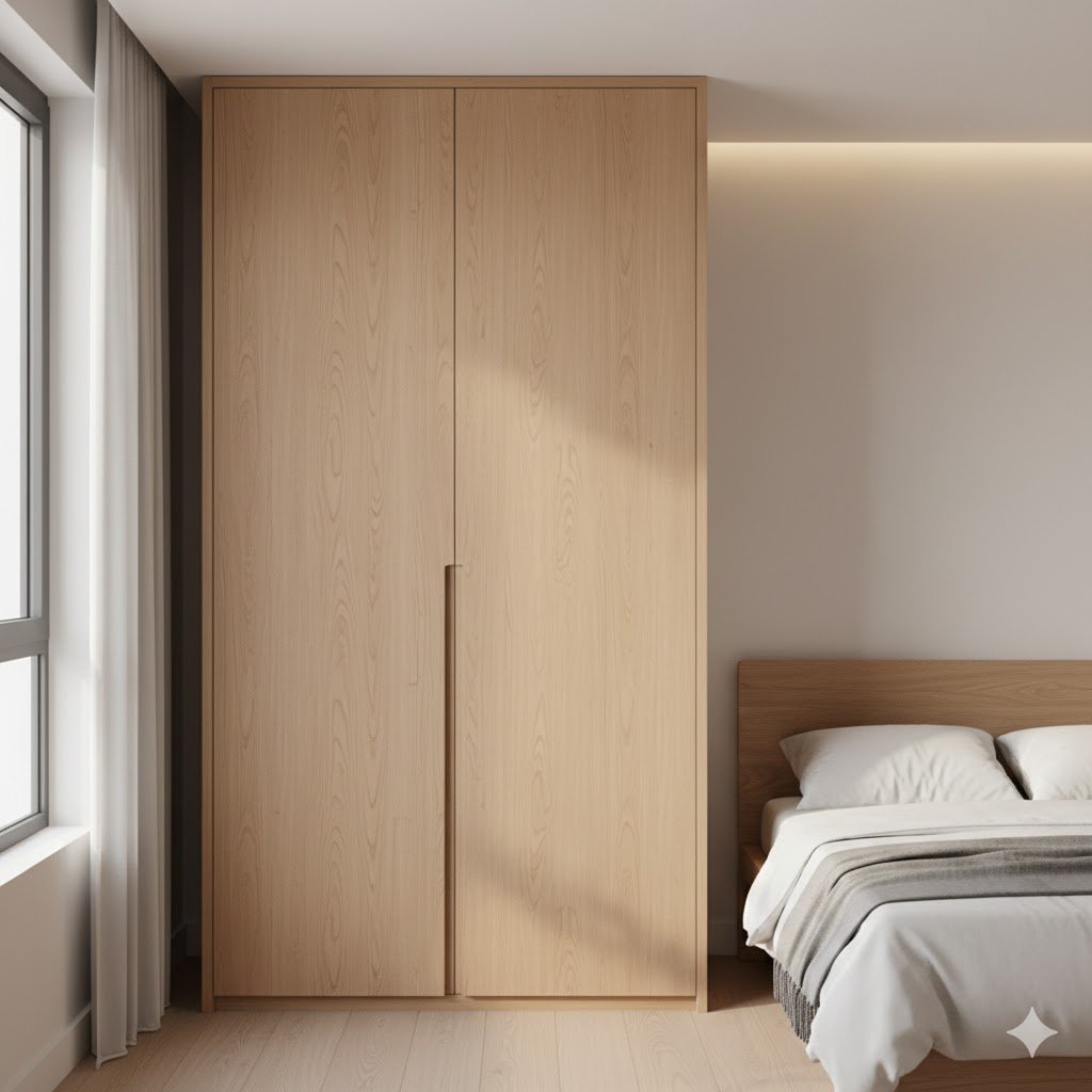 Tampilan kamar dengan lemari pakaian 2 pintu full height bernuansa minimalis modern dengan finishing kayu terang dan suasana ruang yang hangat serta rapi