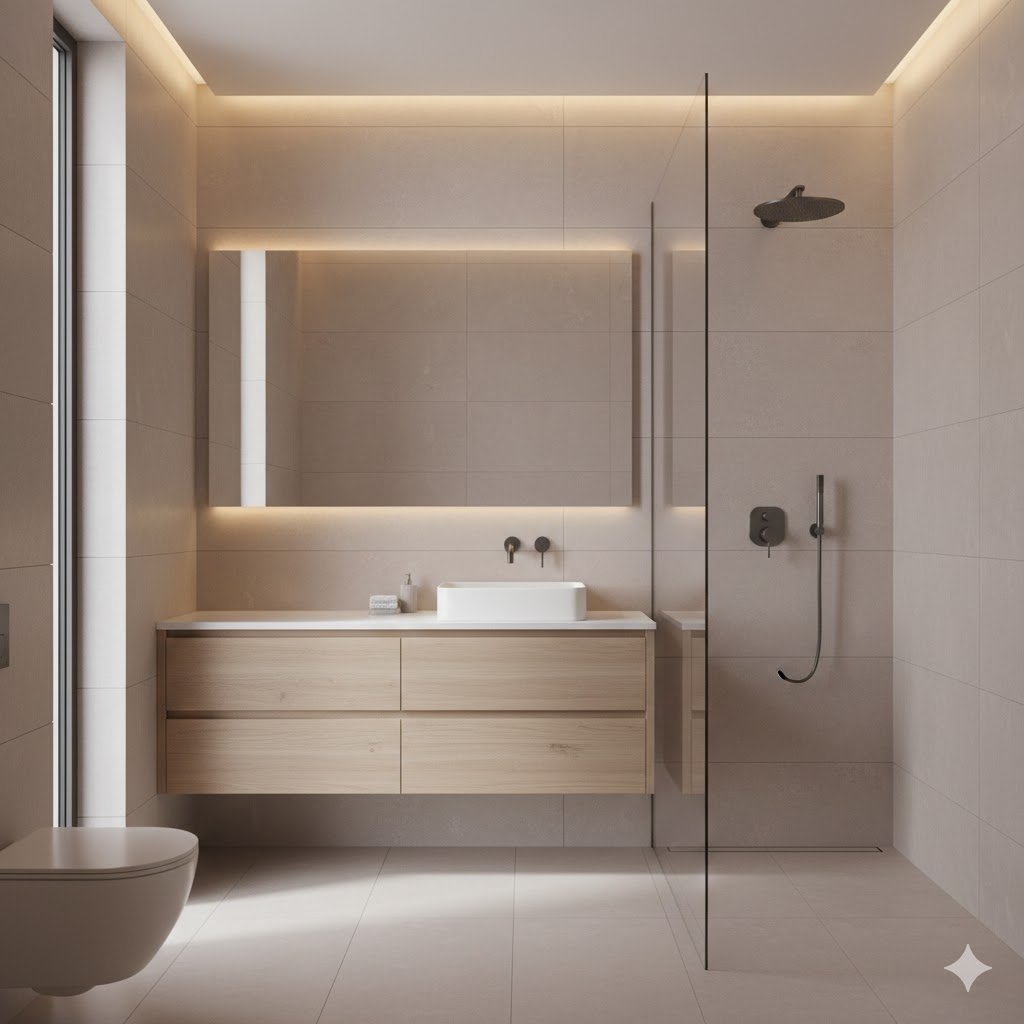 Tampilan kamar mandi modern dengan vanity gantung kayu natural dan shower kaca transparan yang terasa bersih serta elegan