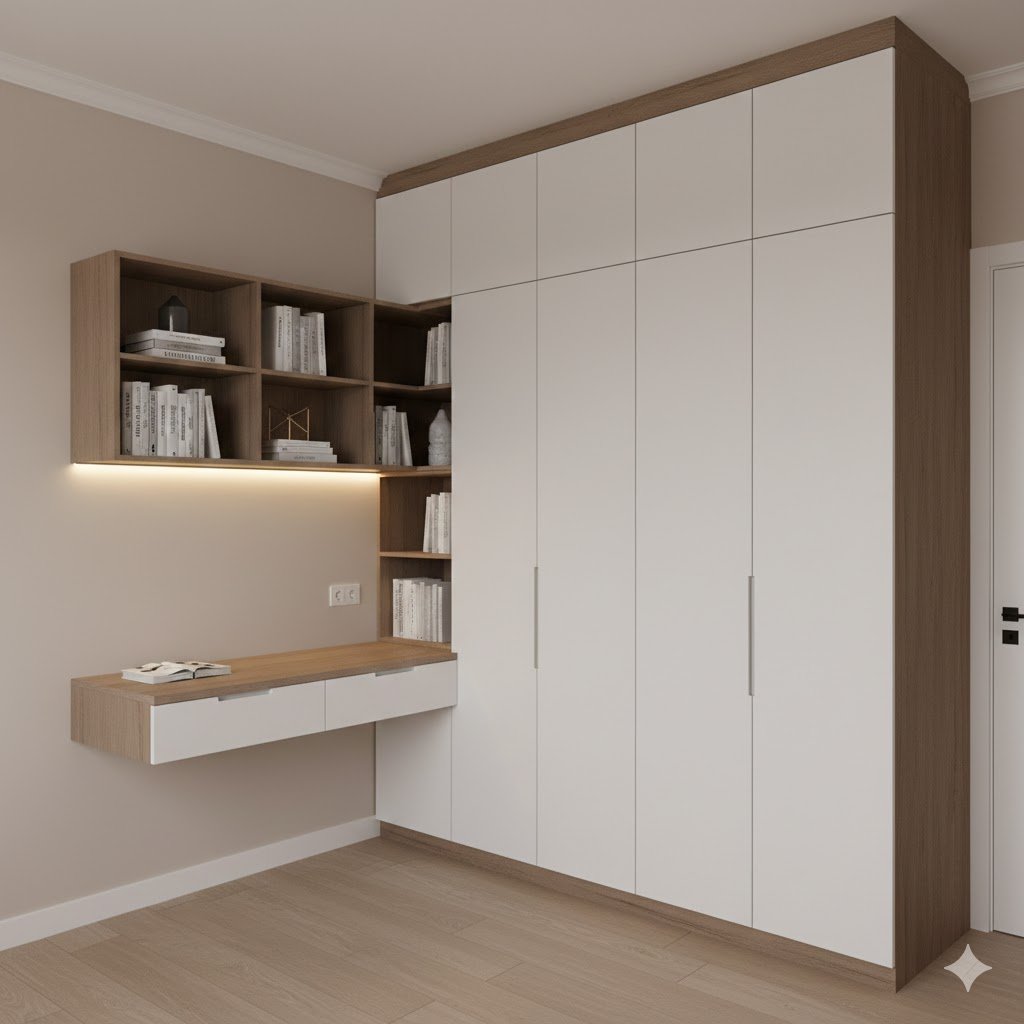 Tampilan kamar modern dengan lemari built-in dan meja belajar menyatu dalam satu dinding sehingga terlihat rapi, fungsional, dan proporsional untuk ruang terbatas