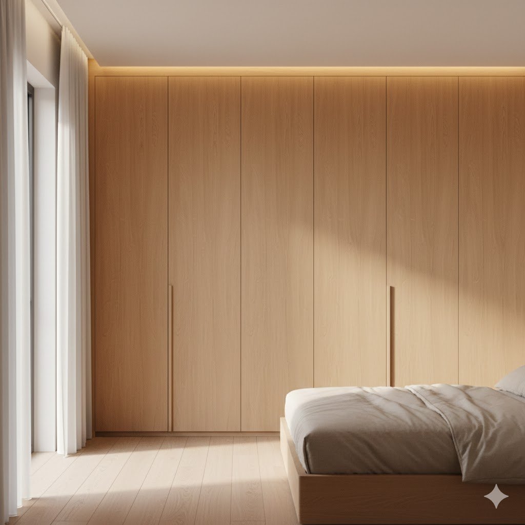 Tampilan kamar modern dengan lemari built-in full plafon yang menyatu rapi dari lantai hingga langit-langit, memberikan kesan tinggi dan terorganisir.