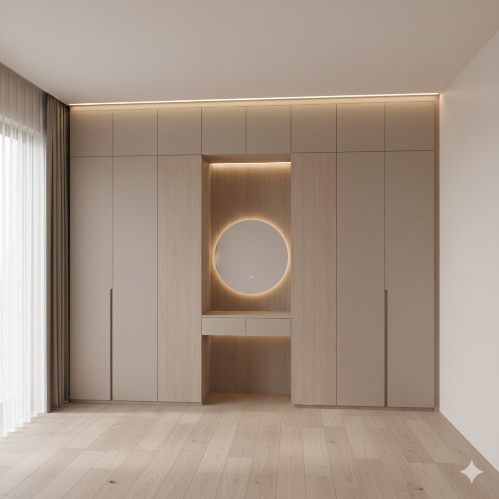 Tampilan kamar modern dengan lemari custom built-in menyatu dinding dan meja rias terintegrasi yang terlihat rapi serta fungsional