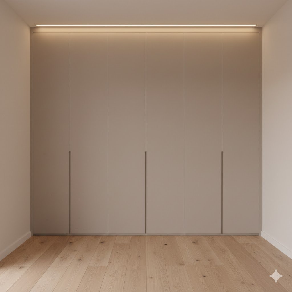 Tampilan kamar modern dengan lemari pakaian custom built-in full ceiling berfinishing matte yang terlihat rapi dan menyatu dengan interior kamar