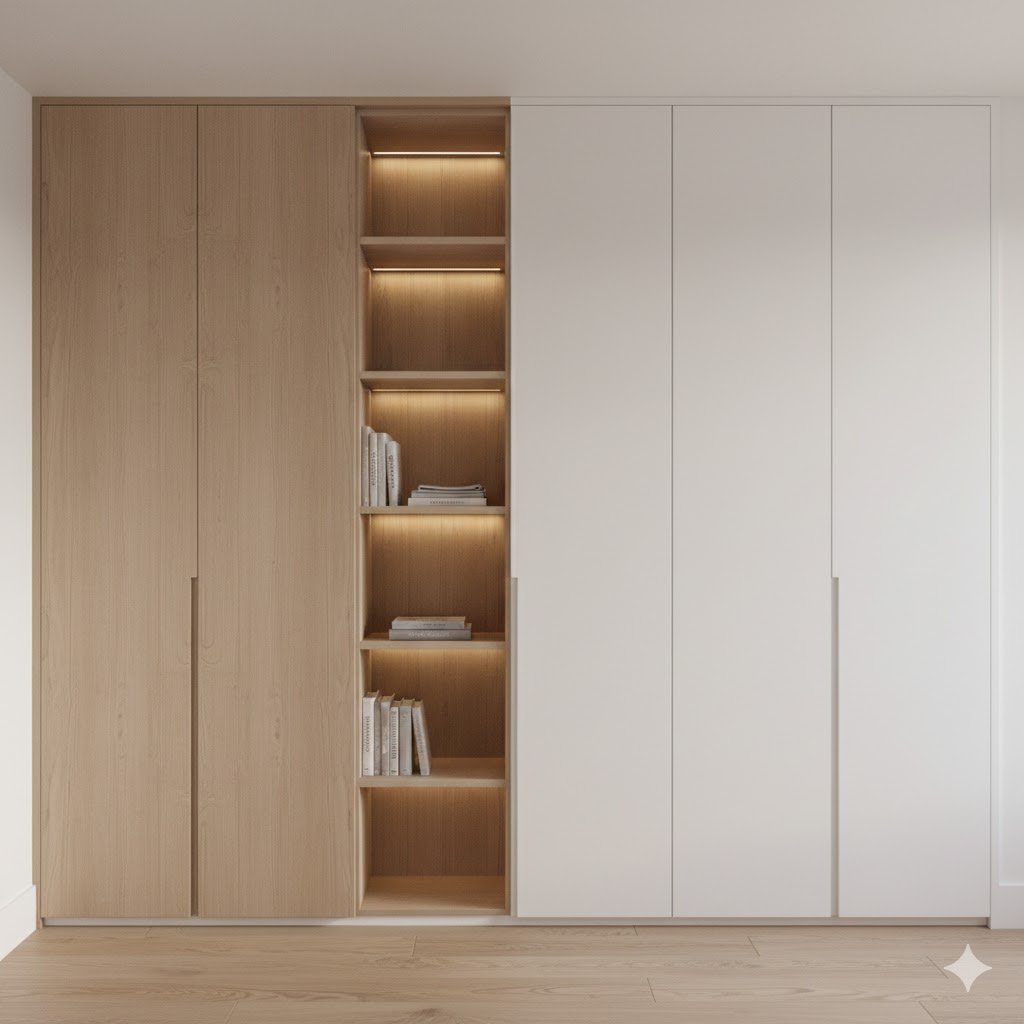Tampilan kamar modern dengan lemari pakaian minimalis built-in berfinishing kayu terang dan putih matte yang terlihat rapi serta menyatu dengan dinding