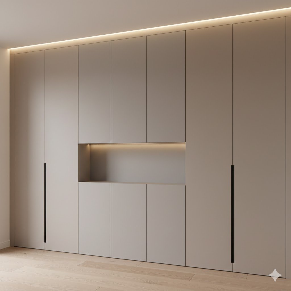 Tampilan kamar modern dengan lemari pakaian minimalis full height berpanel rata dan finishing matte yang terlihat rapi serta elegan secara keseluruhan