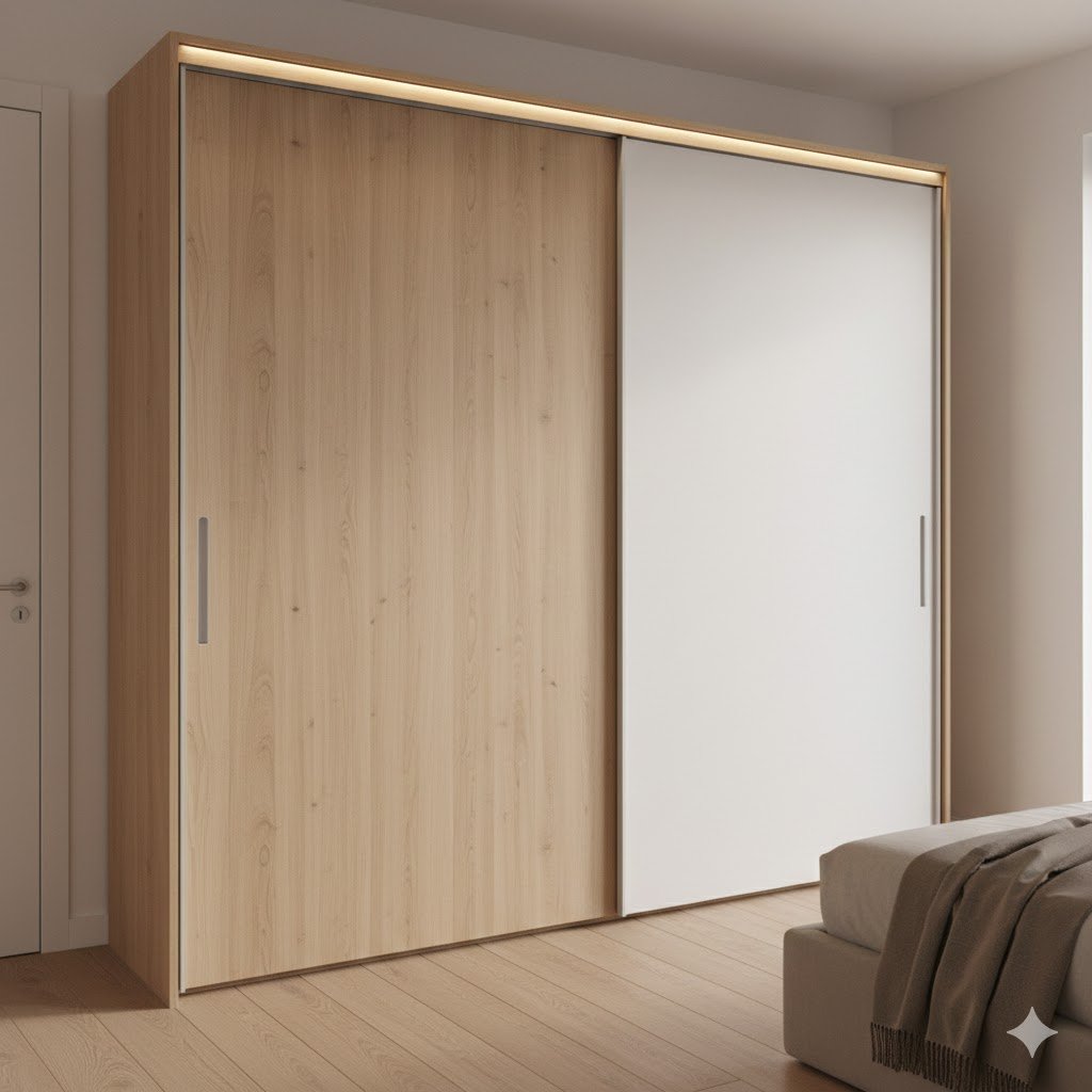 Tampilan kamar modern dengan lemari pakaian pintu geser full height kombinasi kayu terang dan putih matte yang terlihat rapi serta menyatu dengan interior kamar