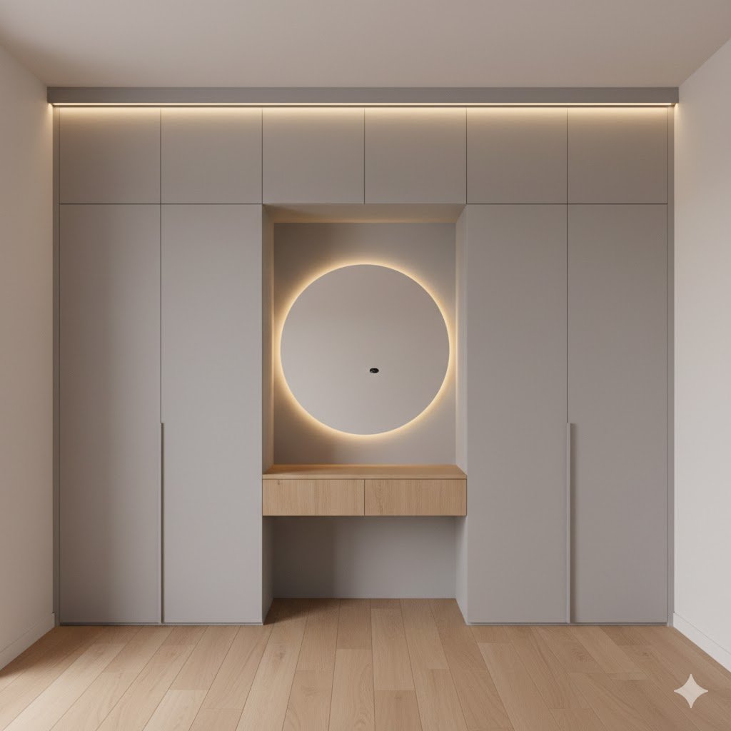 Tampilan kamar tidur dengan lemari pakaian dan meja rias minimalis terintegrasi yang rapi, hangat, dan fungsional dalam satu kesatuan desain yang harmonis