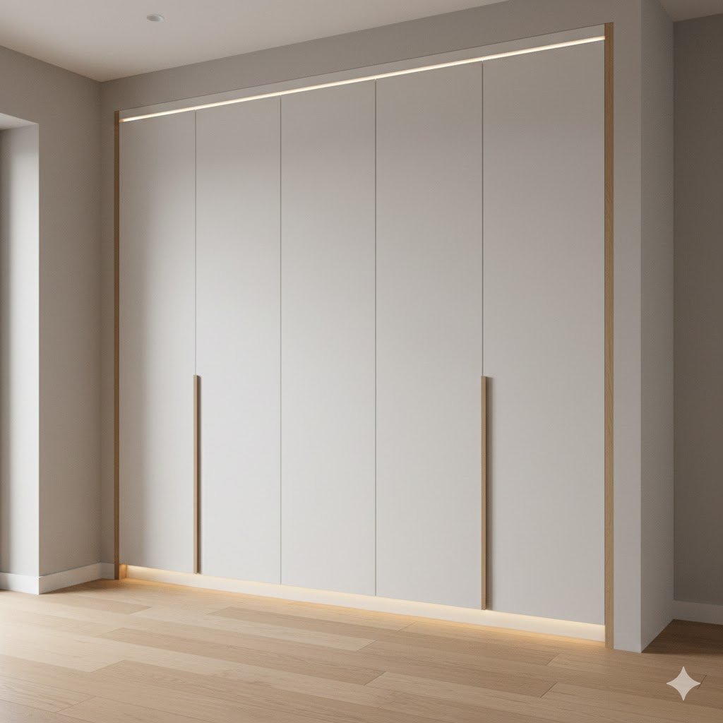 Tampilan kamar tidur minimalis dengan lemari built-in full height berpanel putih matte dan aksen kayu yang menyatu rapi dengan dinding serta pencahayaan hangat yang lembut