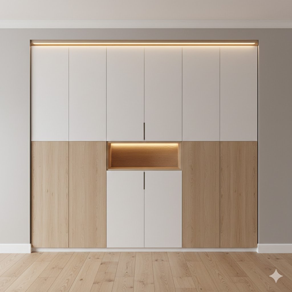 Tampilan kamar tidur modern dengan lemari minimalis built-in hingga plafon berfinishing putih matte dan aksen kayu natural yang terlihat rapi serta presisi