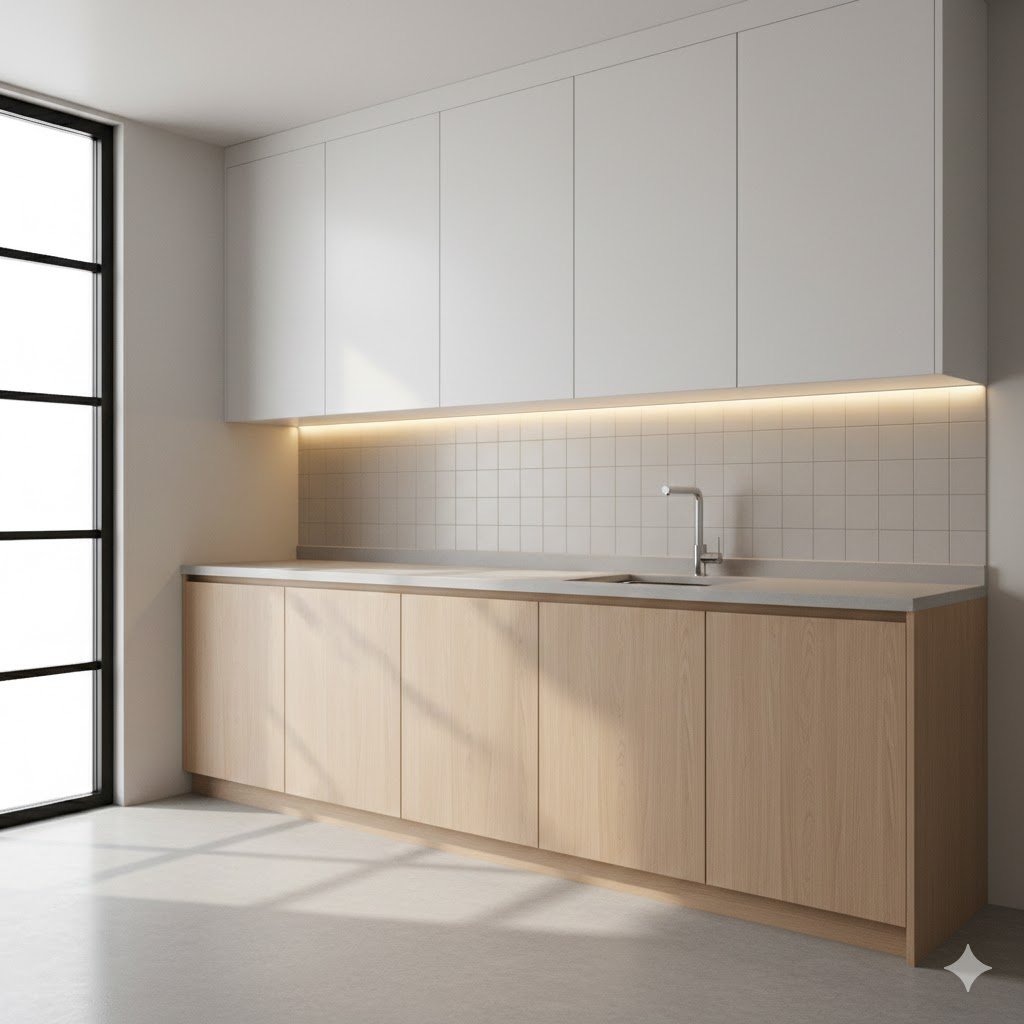 Tampilan kitchen set PVC dengan kombinasi warna netral dan aksen kayu yang terlihat modern, rapi, dan fungsional untuk dapur rumah masa kini