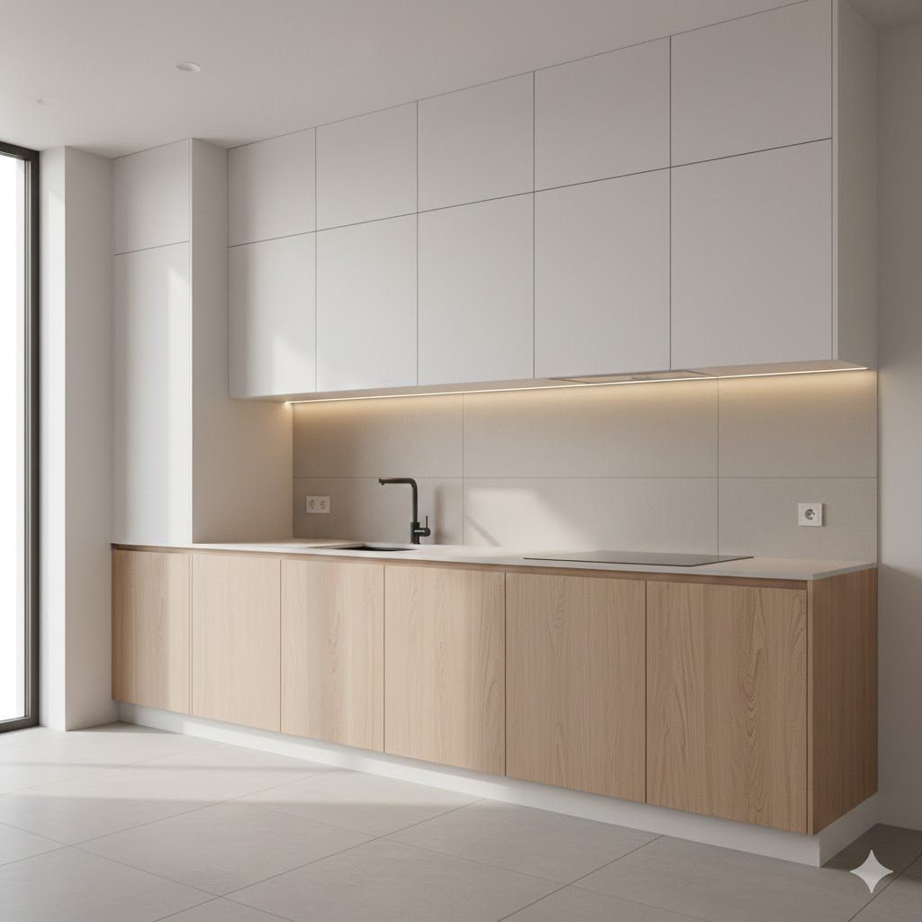 Tampilan kitchen set dapur minimalis dengan kabinet putih dan aksen kayu terang yang terlihat bersih, rapi, dan modern dalam pencahayaan natural hangat