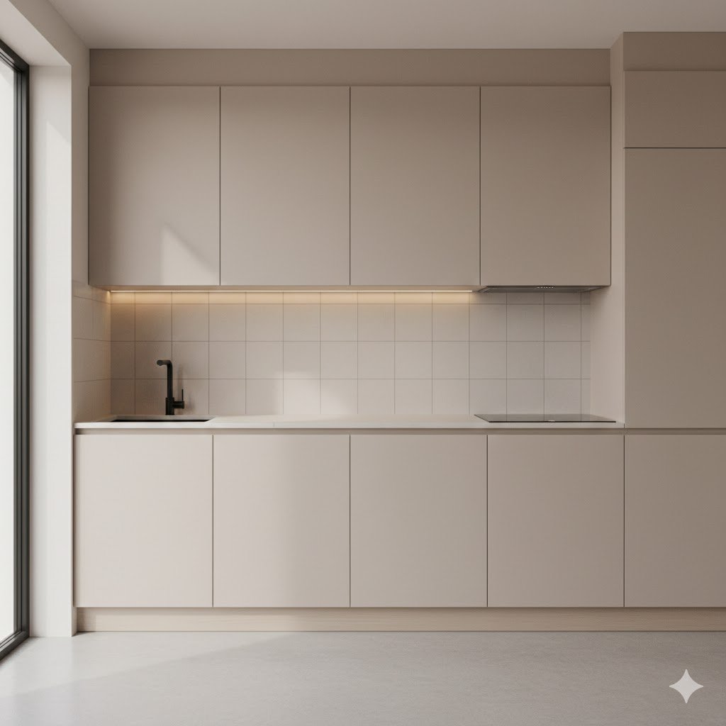 Tampilan kitchen set minimalis dengan kabinet flat-panel warna lembut dan pencahayaan hangat yang menciptakan suasana dapur rapi serta elegan